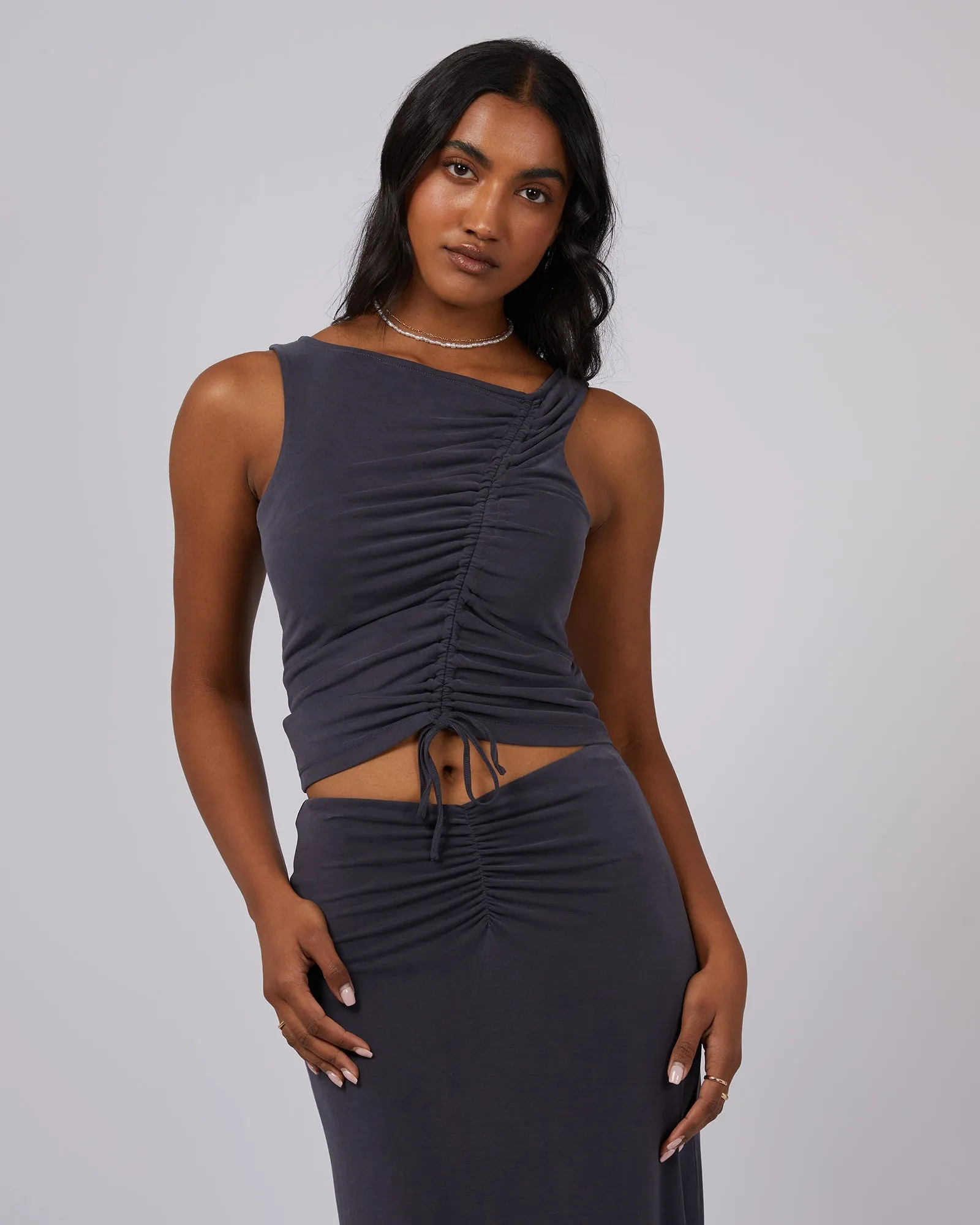 Luxe Ruched Tank Steel sold by edge clothing