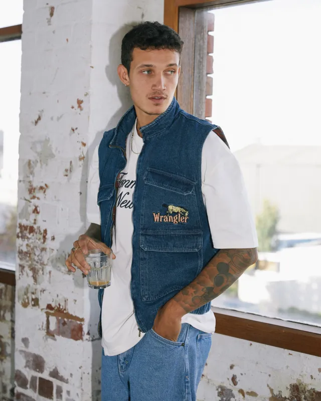 Steedy On Denim Bomber Vest Blue made by Wrangler