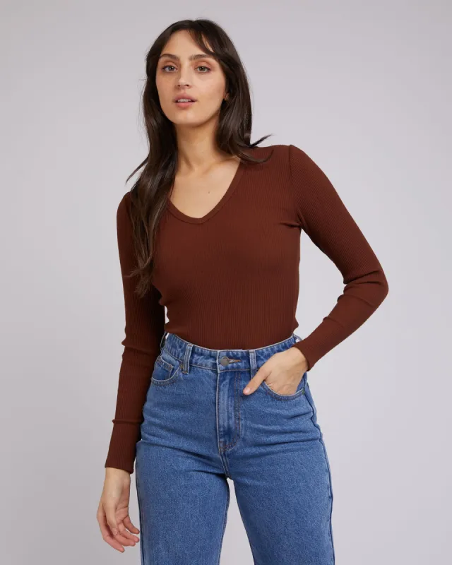 Eve Rib V Neck Long Sleeve Top Brown sold by edge clothing