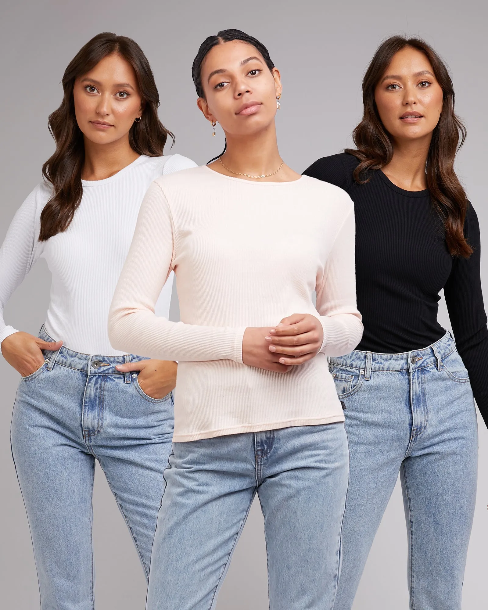 Rib Long Sleeve 3 Pack White, Black & Pink sold by edge clothing