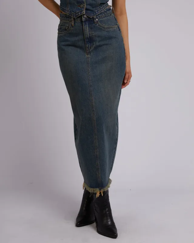 Ray Denim Maxi Skirt Dirty Denim sold by edge clothing