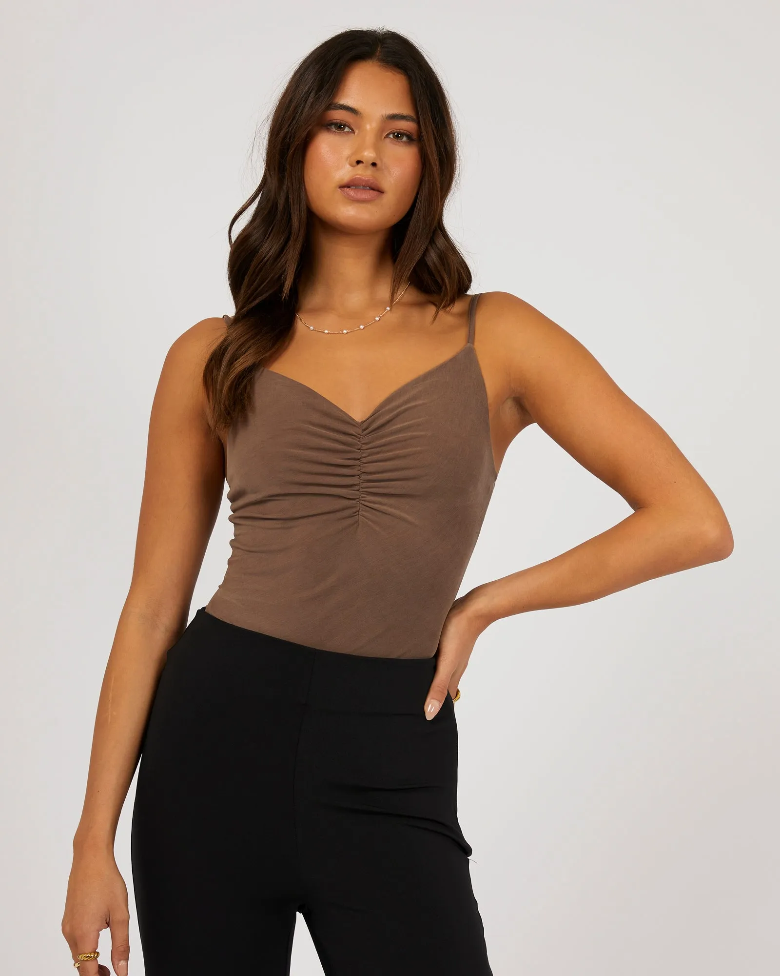 Luxe Ruched Bodysuit Brown sold by edge clothing