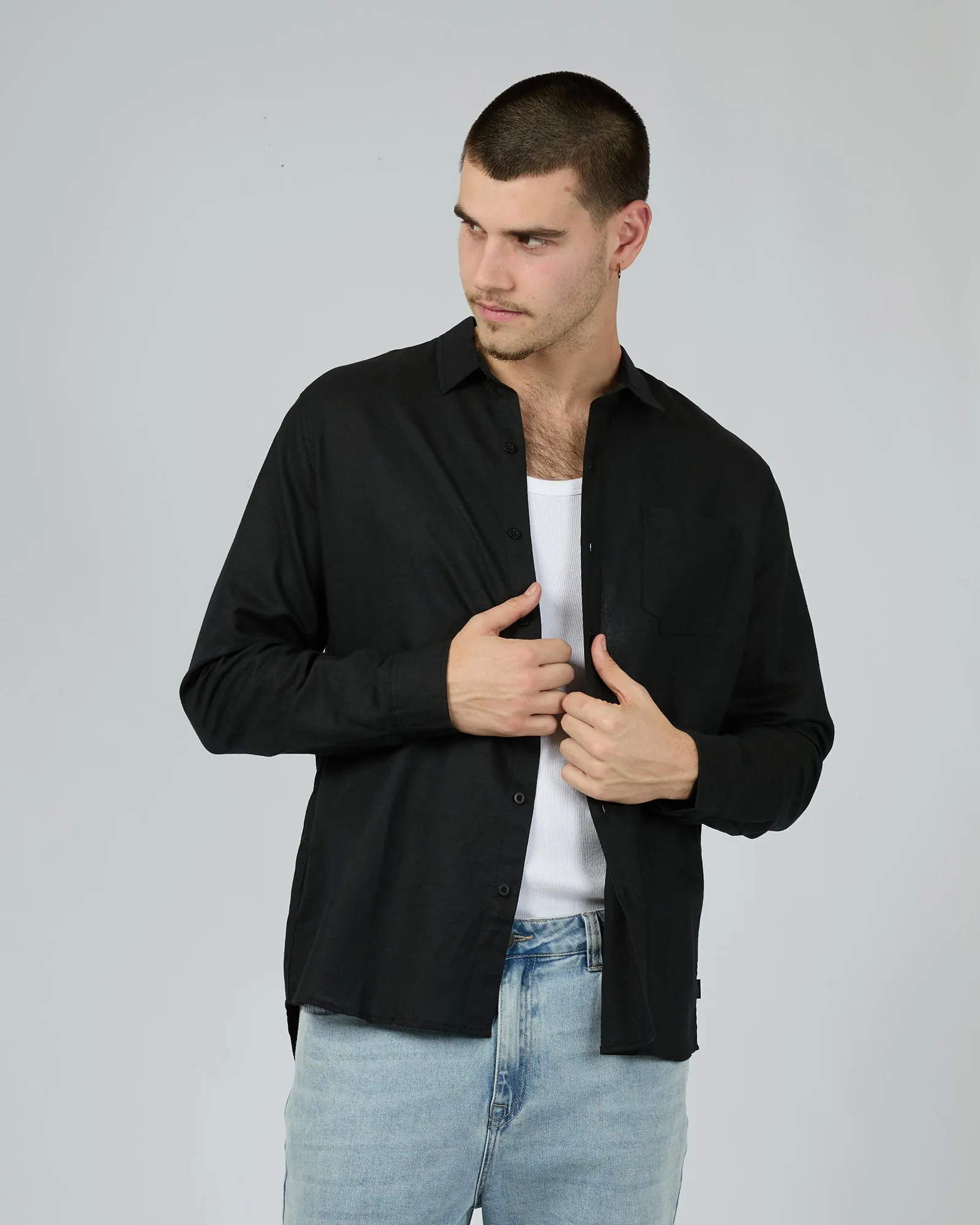 Linen Long Sleeve Shirt Black sold by edge clothing