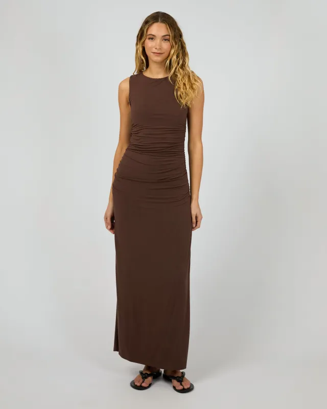 Evie Ruched Maxi Dress Chocolate sold by edge clothing