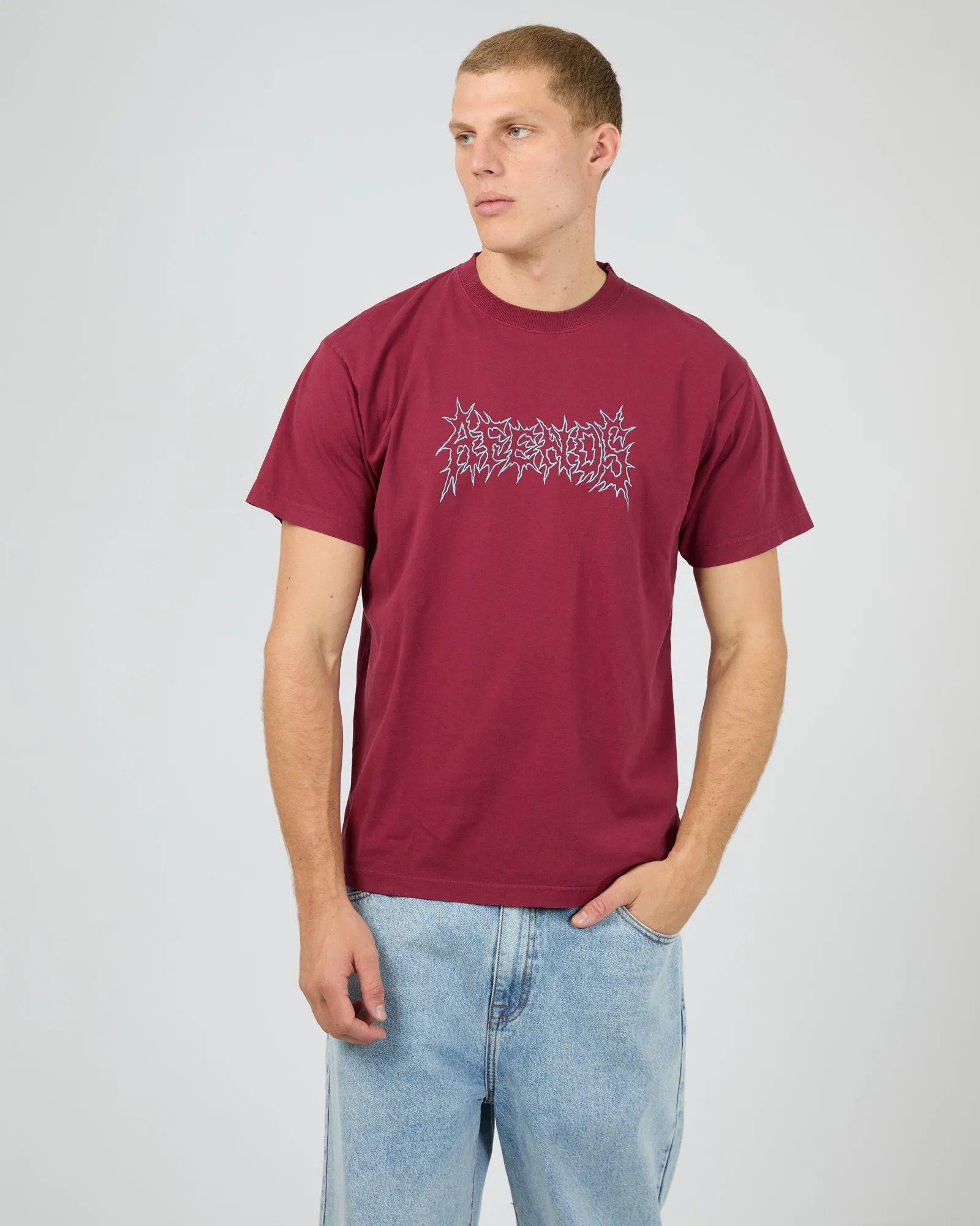 Mental Recycled Boxy Fit Tee Burgandy sold by edge clothing
