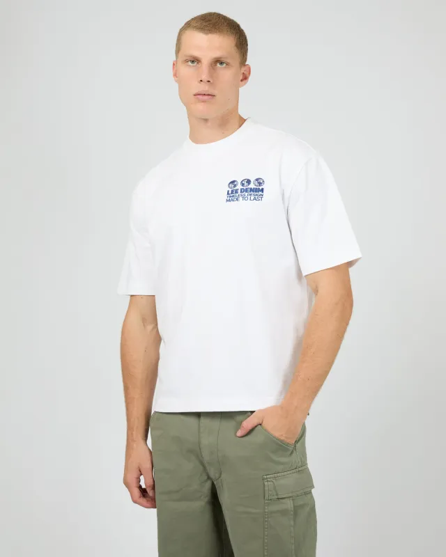 3 Worlds Box Cutter Tee White made by Lee