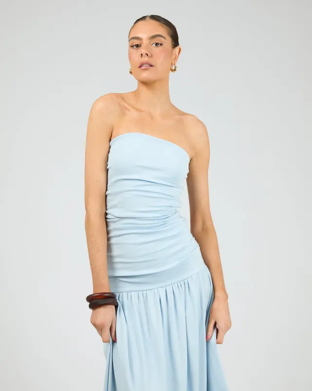 Luxe Strapless Ruched Maxi Dress Blue sold by edge clothing