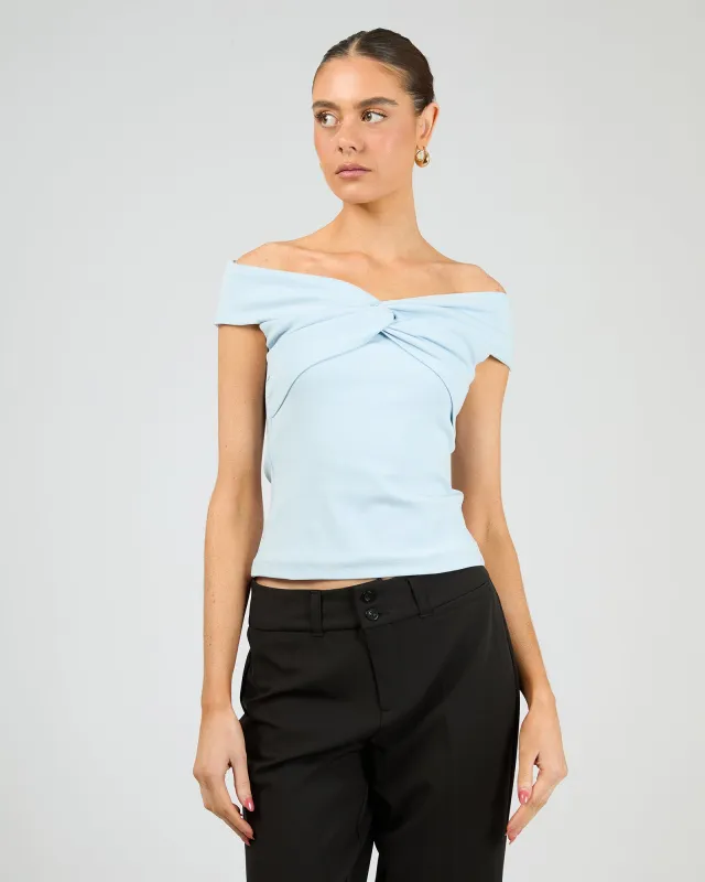Luxe Knot Off The Shoulder Top Blue sold by edge clothing