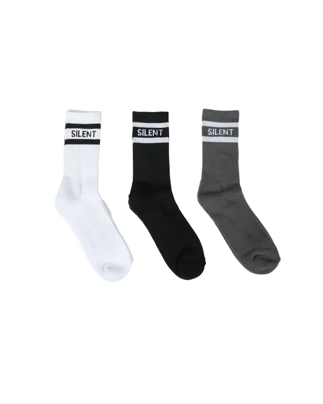 Silent Crew Sock 3 Pack White Black & Charcoal sold by edge clothing