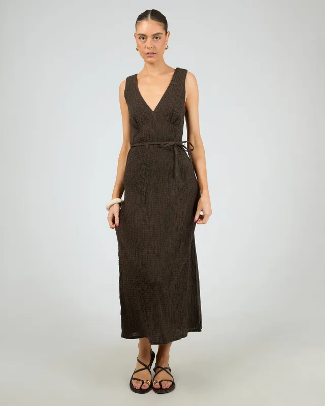 Focus Seersuker Maxi Dress Coffee sold by edge clothing