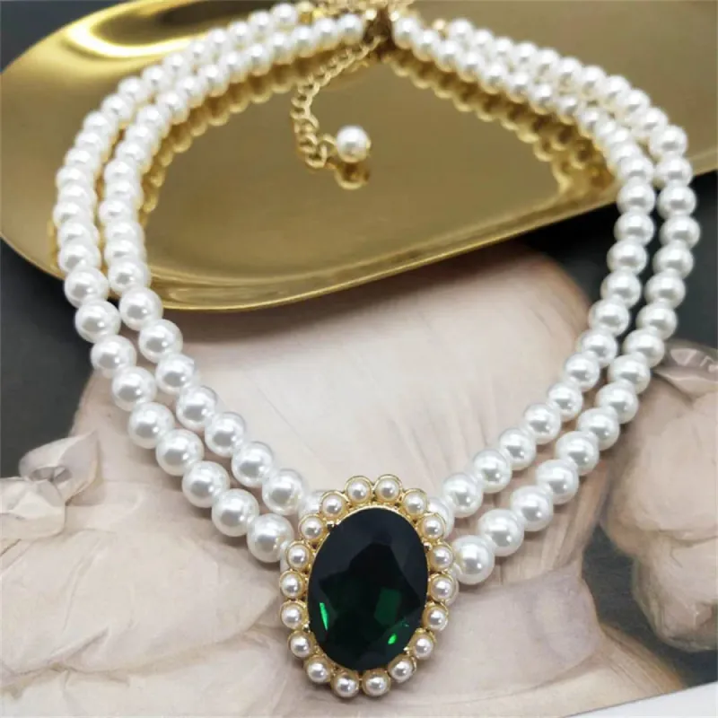 Emerald Gemstone Double-Layered Pearl Necklace sold by TheShadic Jewels