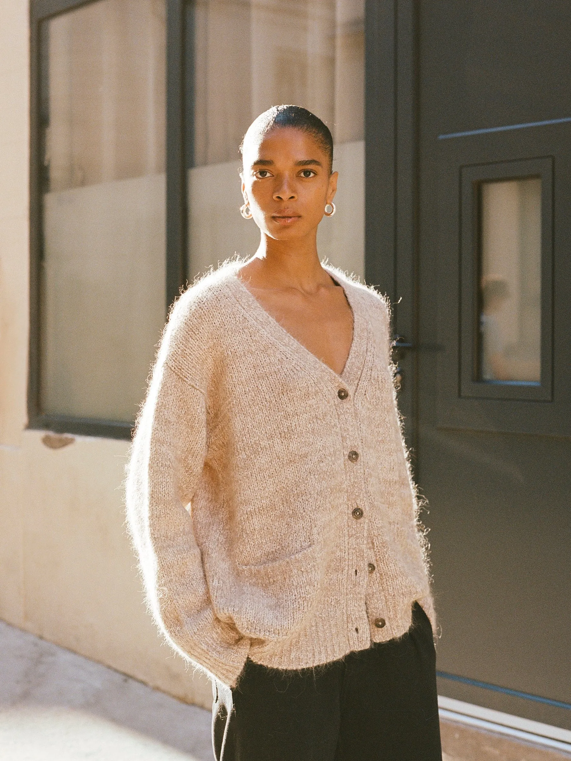 Rory Cardigan, Suri Bouclé, Marled Ash sold by Ozma