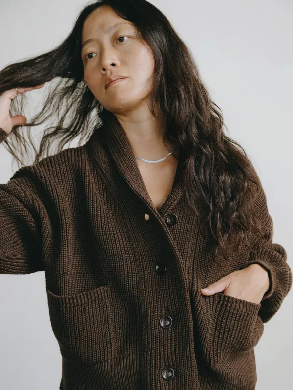 Sloan Cardigan, Organic Tanguis Cotton, Chocolate sold by Ozma
