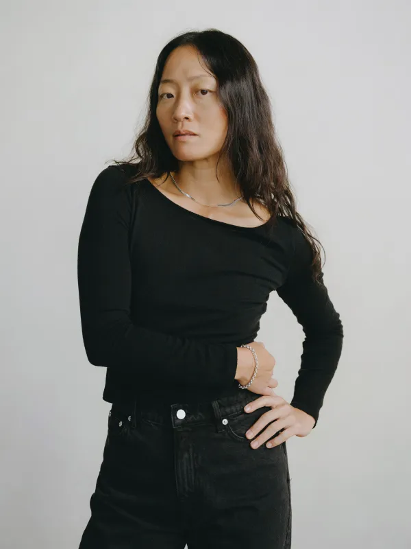 Blake Boatneck, Regen Silk Noil Jersey, Black sold by Ozma