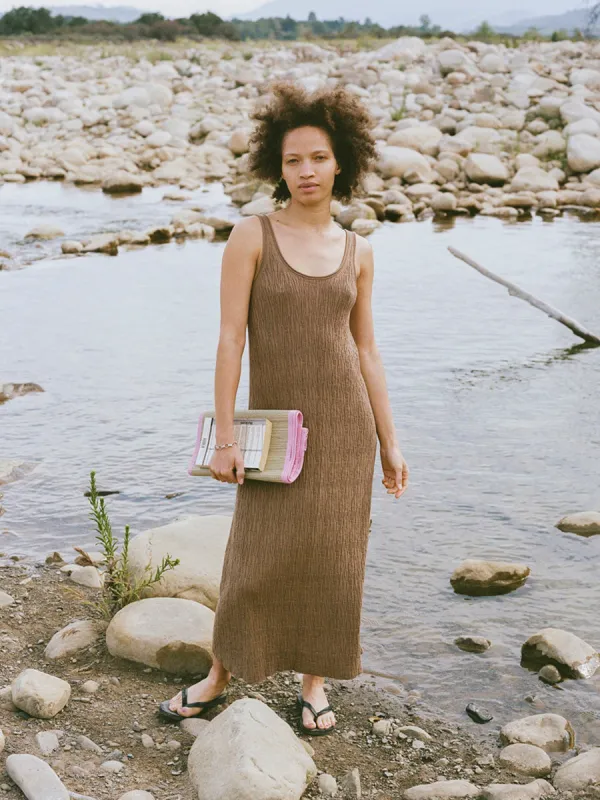 Elaina Dress, Organic Cotton Viscose, Cocoa sold by Ozma