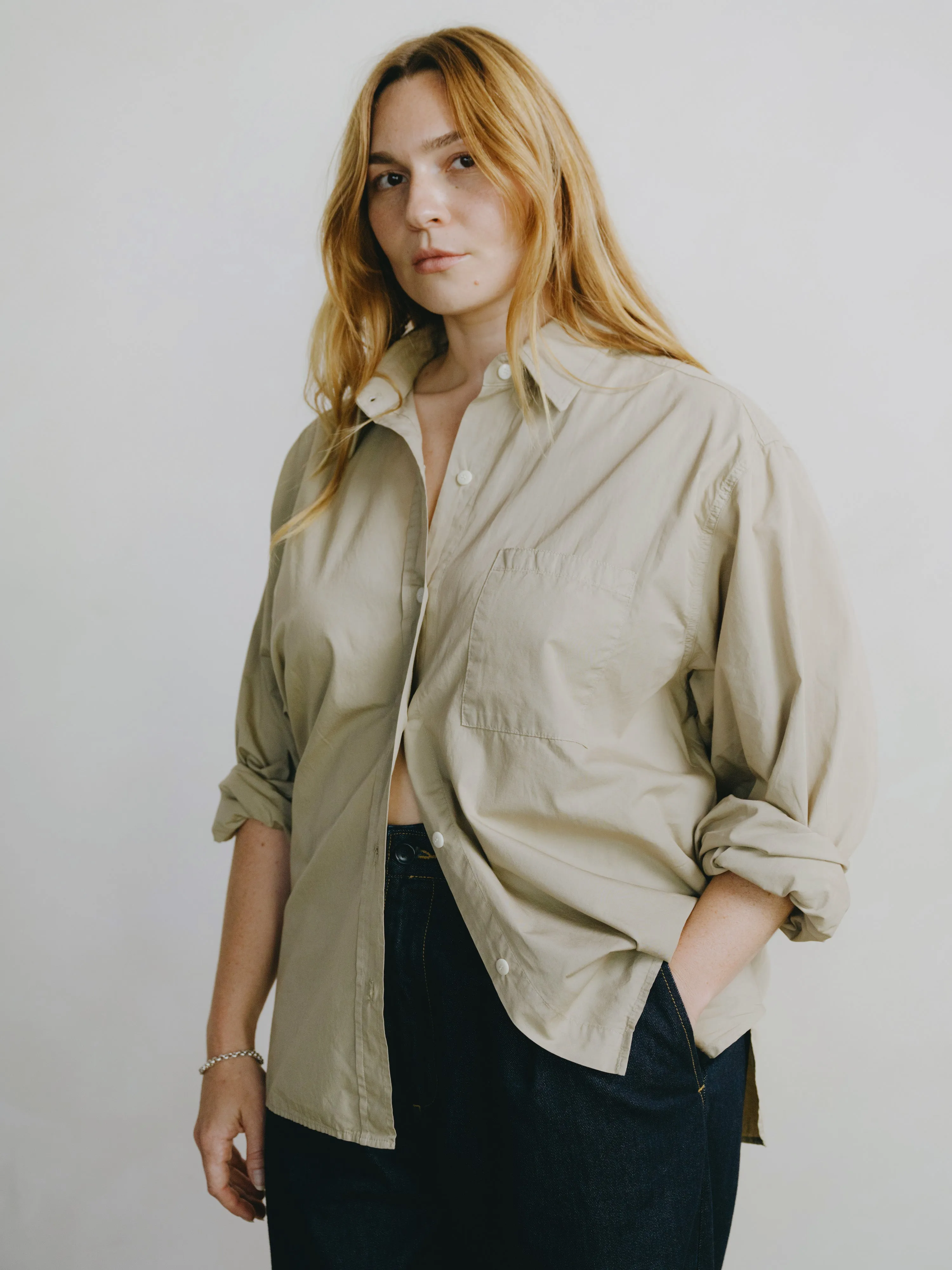 Marcie Shirt, Organic Poplin, Khaki sold by Ozma