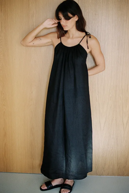 Ties Dress, Light Linen, Black sold by Ozma