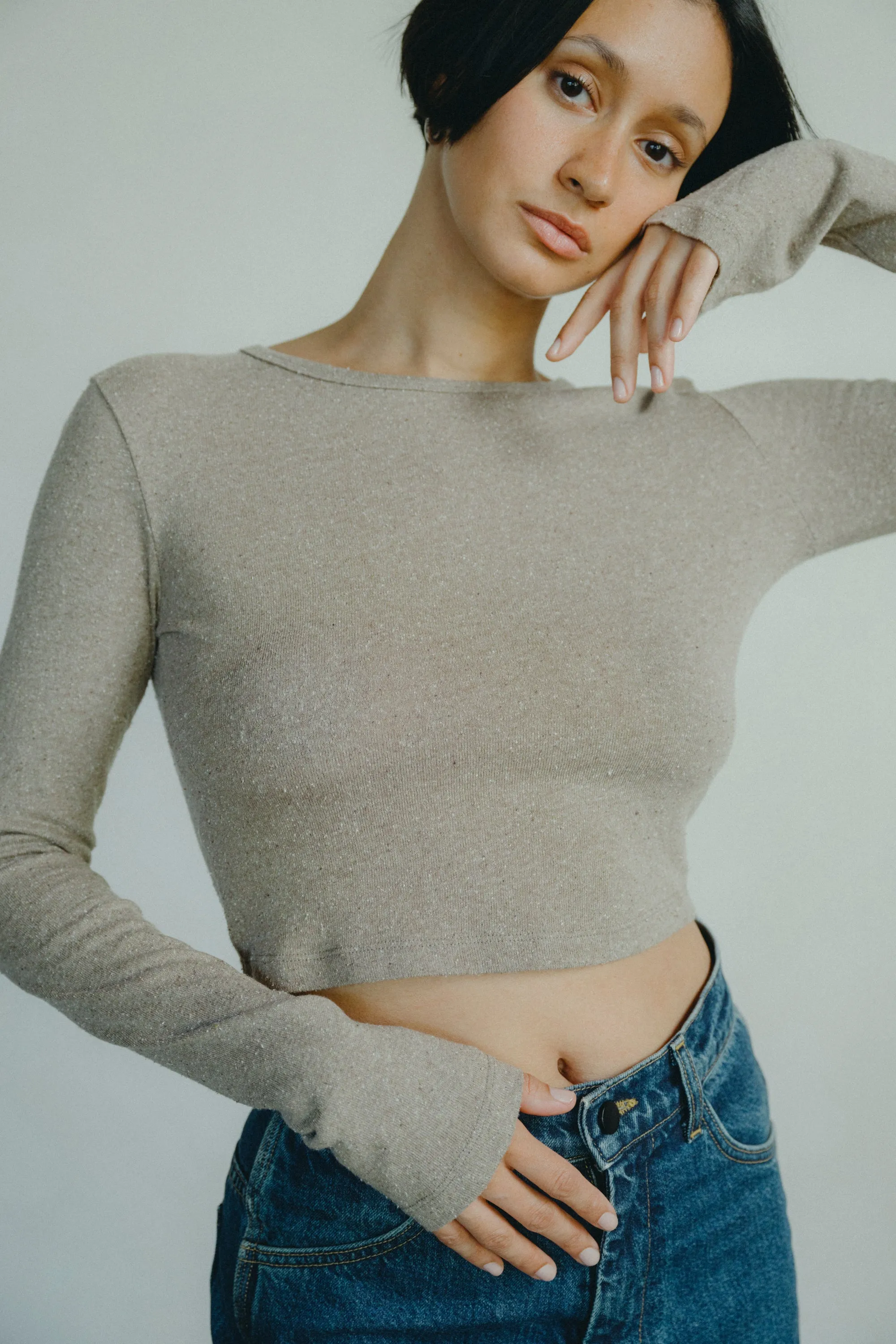 Lia Top, Regen Silk Noil Jersey, Twig Heather sold by Ozma