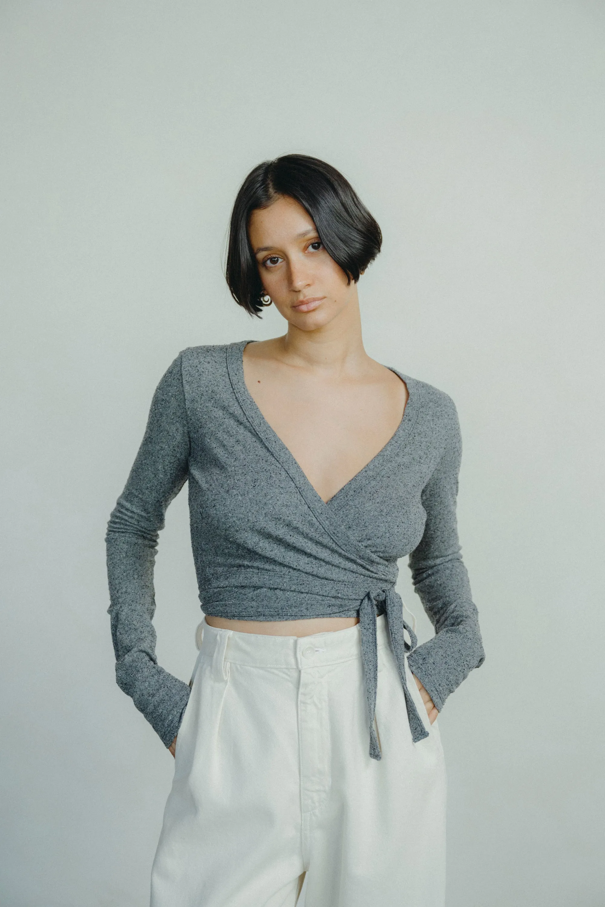 Dance Wrap Top, Regen Silk Noil Jersey, Charcoal Heather sold by Ozma product image thumbnail 2