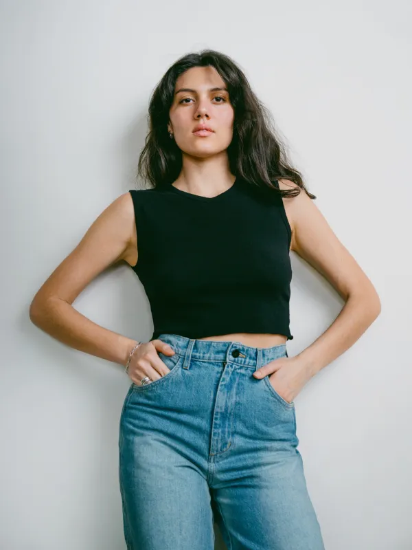 Tasi Crop, Regen Silk Noil Jersey, Black sold by Ozma