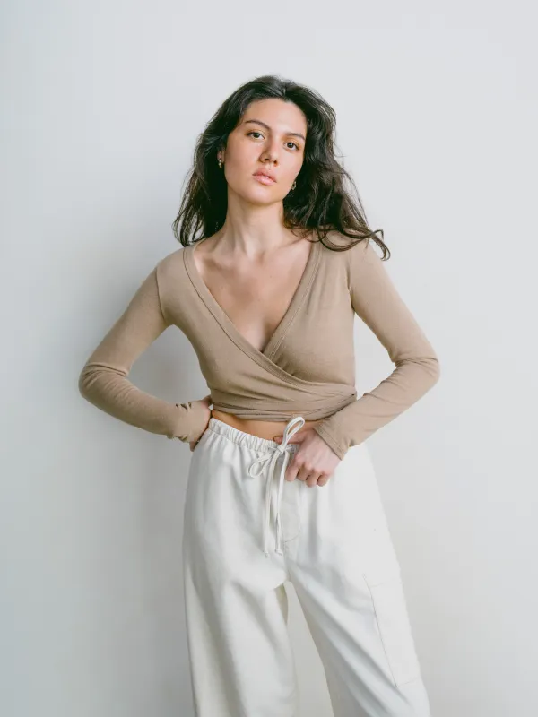Dance Wrap Top, Regen Silk Noil Jersey, Tea sold by Ozma