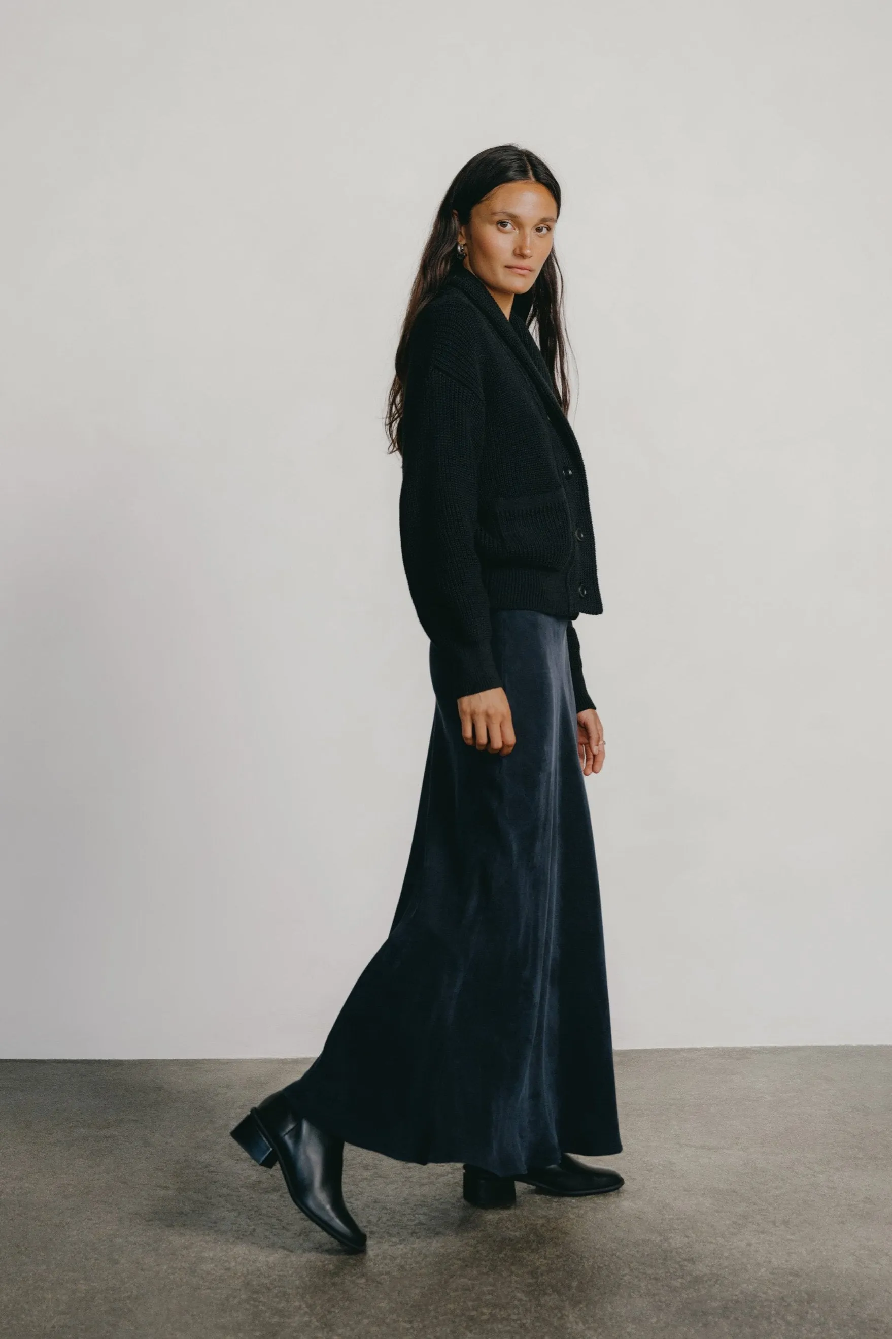(Imperfect) Harper Maxi Skirt, Japanese Cupro, Midnight sold by Ozma