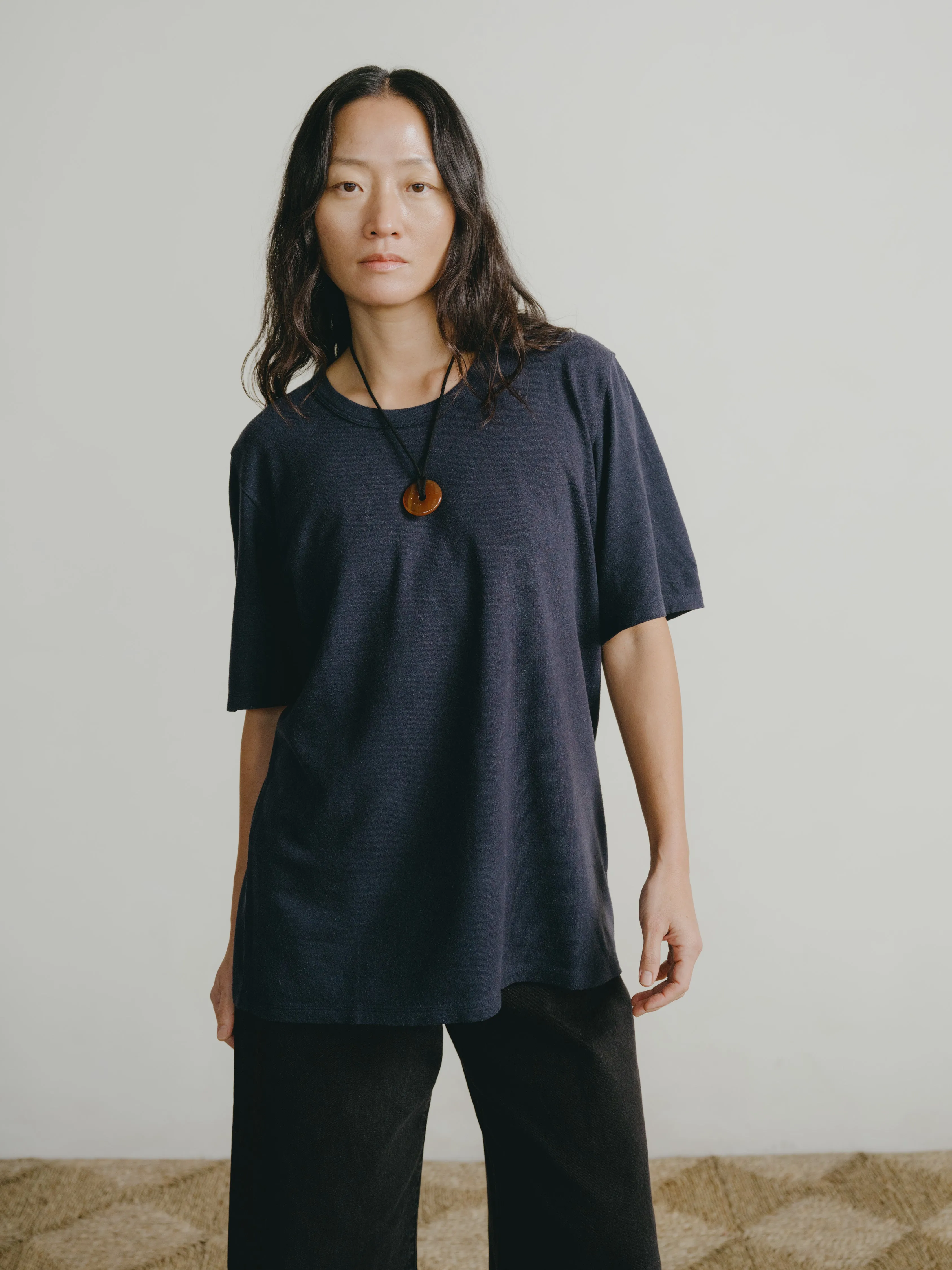 Bigger Tee, Regen Silk Noil Jersey, Navy sold by Ozma