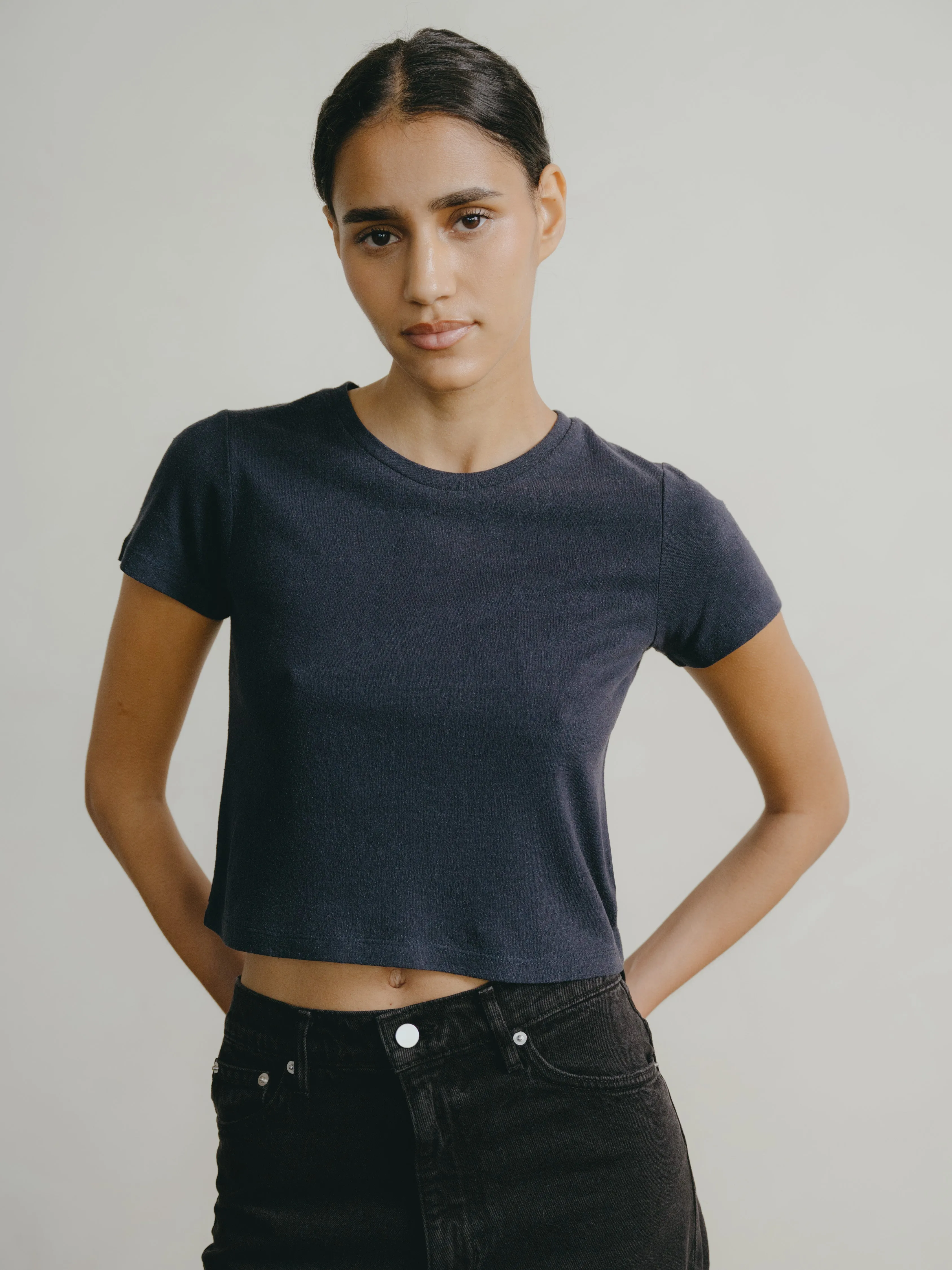 Lou Tee, Regen Silk Noil Jersey, Navy sold by Ozma