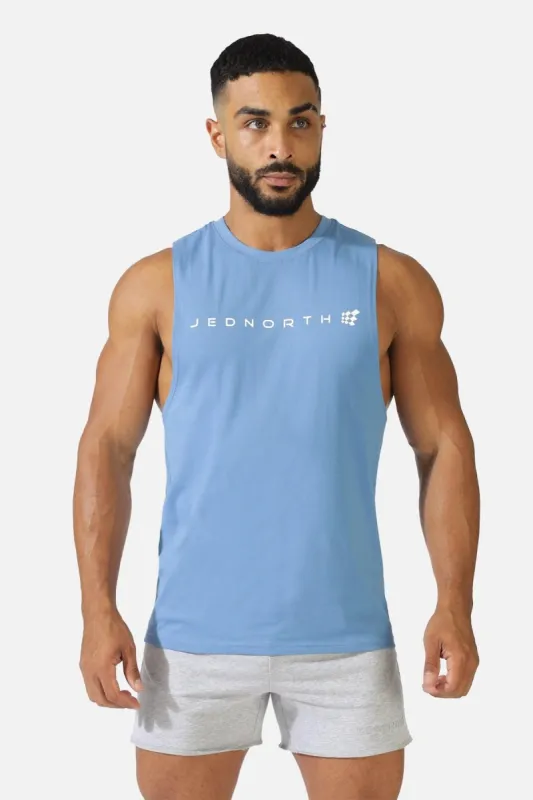 Men's Sleeveless Training Tee - Blue w White Logo sold by Jed North