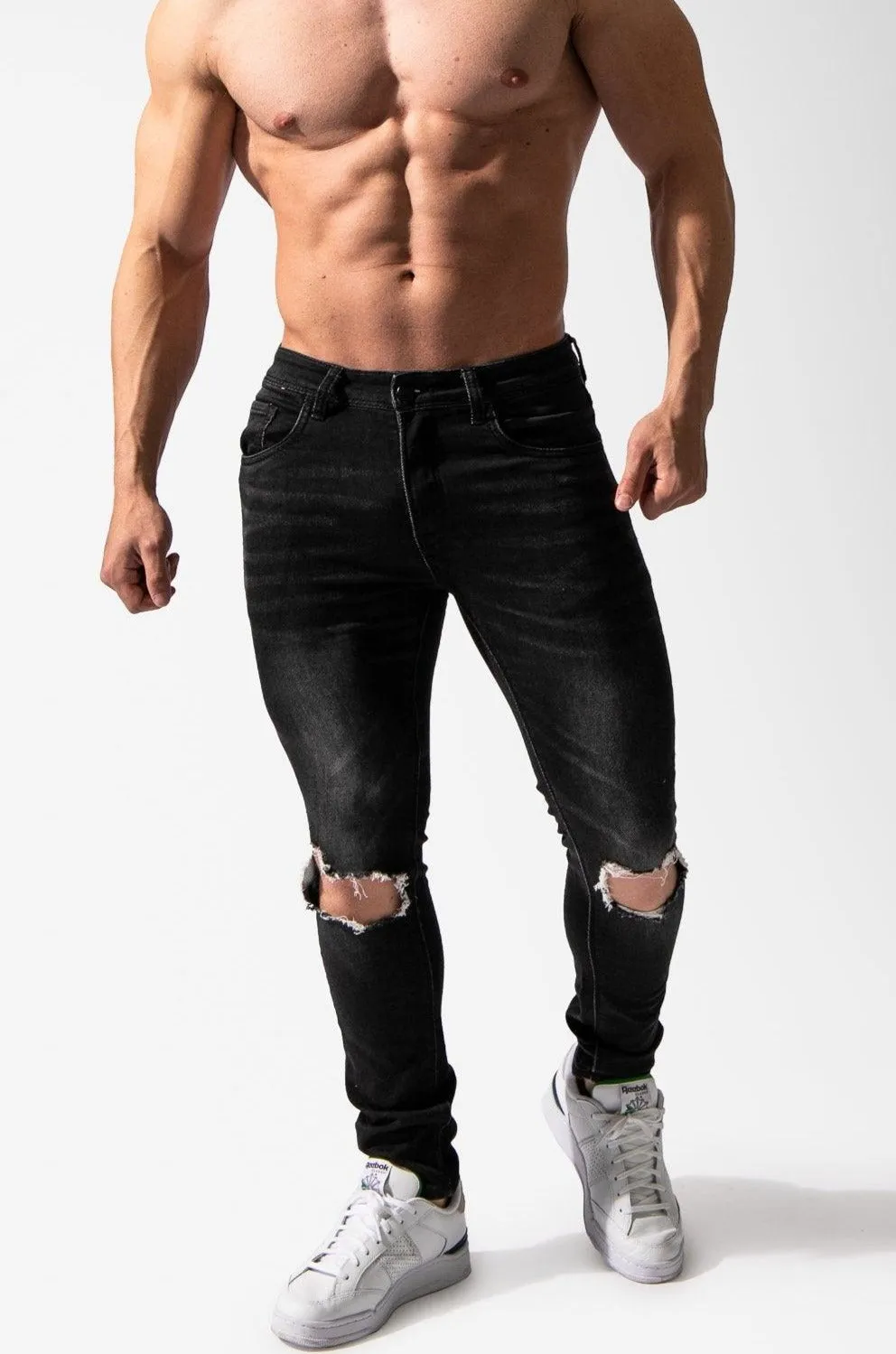 Men's Premium Fitted Stretchy Jeans - Knee Ripped Black sold by Jed North