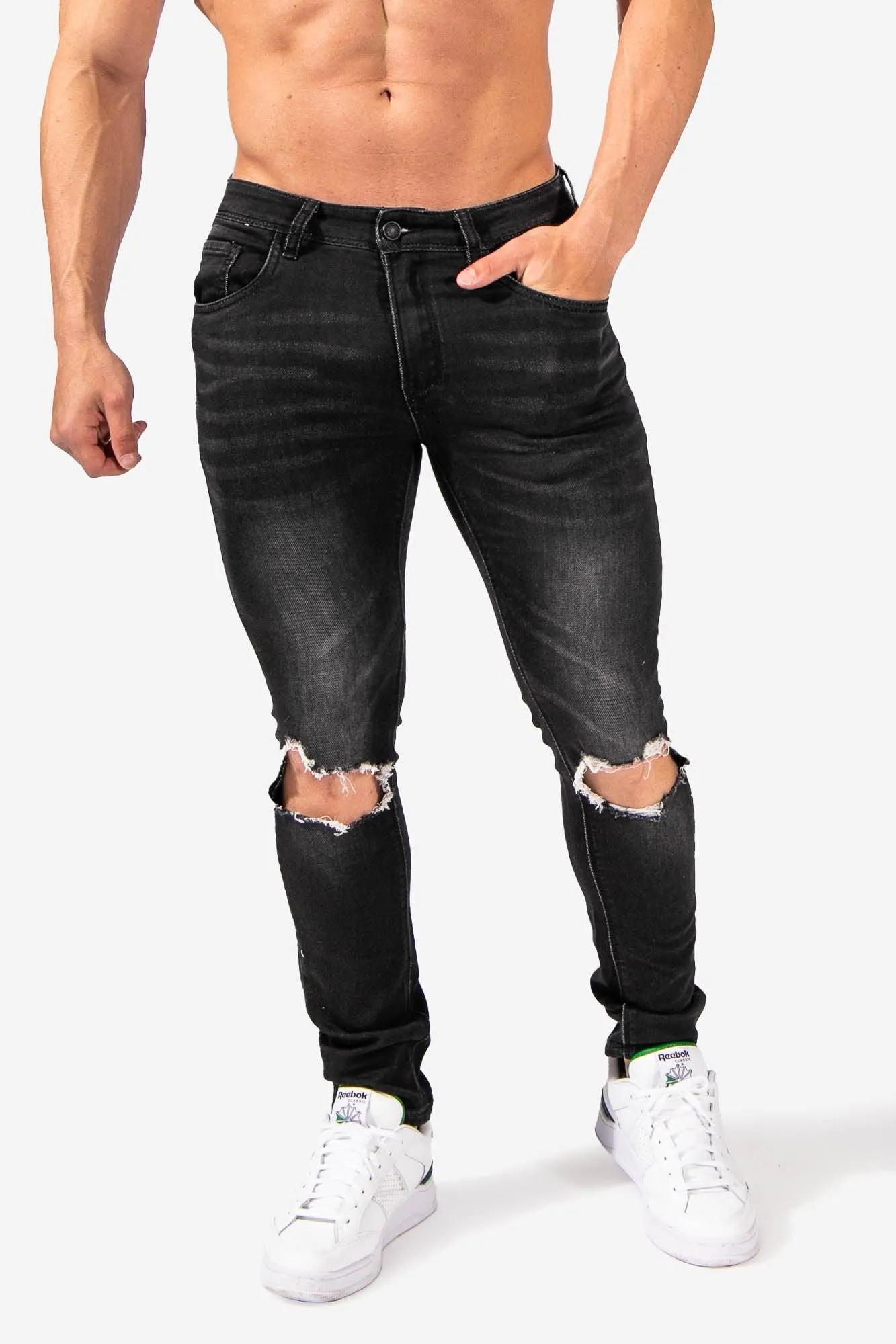 Men's Premium Fitted Stretchy Jeans - Knee Ripped Black sold by Jed North product image thumbnail 2