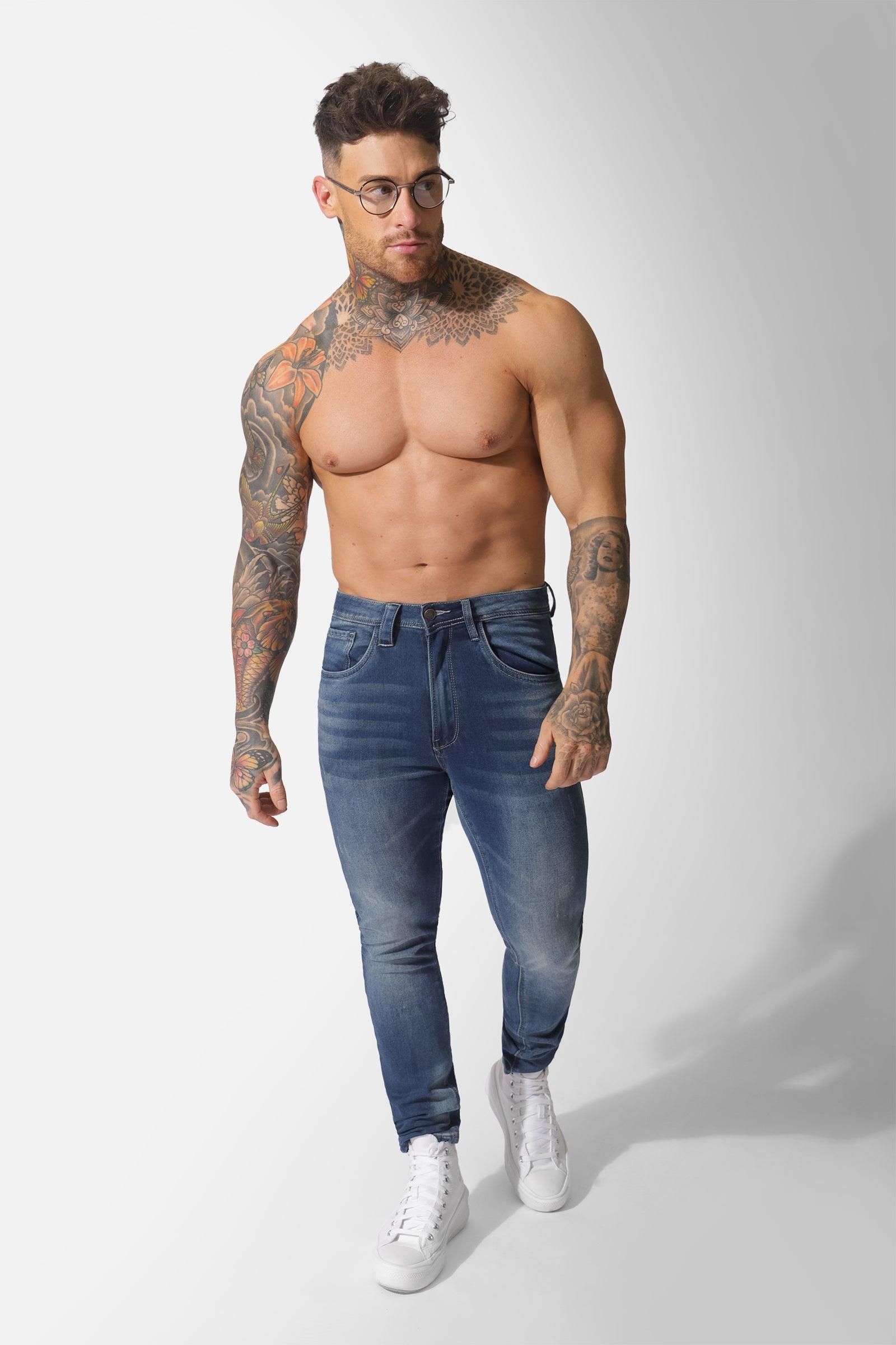 Men's Premium Fitted Stretchy Jeans - Faded Dark Blue sold by Jed North