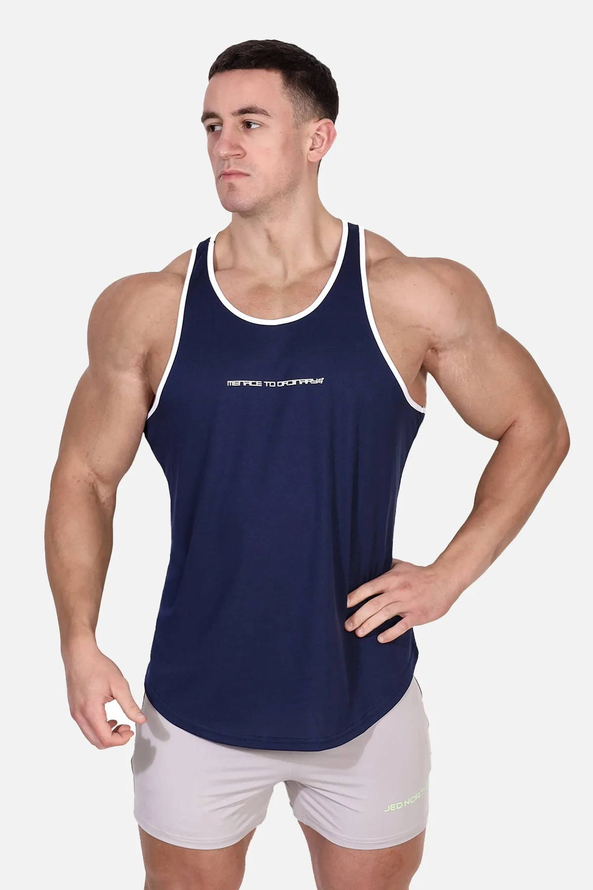 Fast-Dry Bodybuilding Workout Stringer - Navy w/ White Menace sold by Jed North