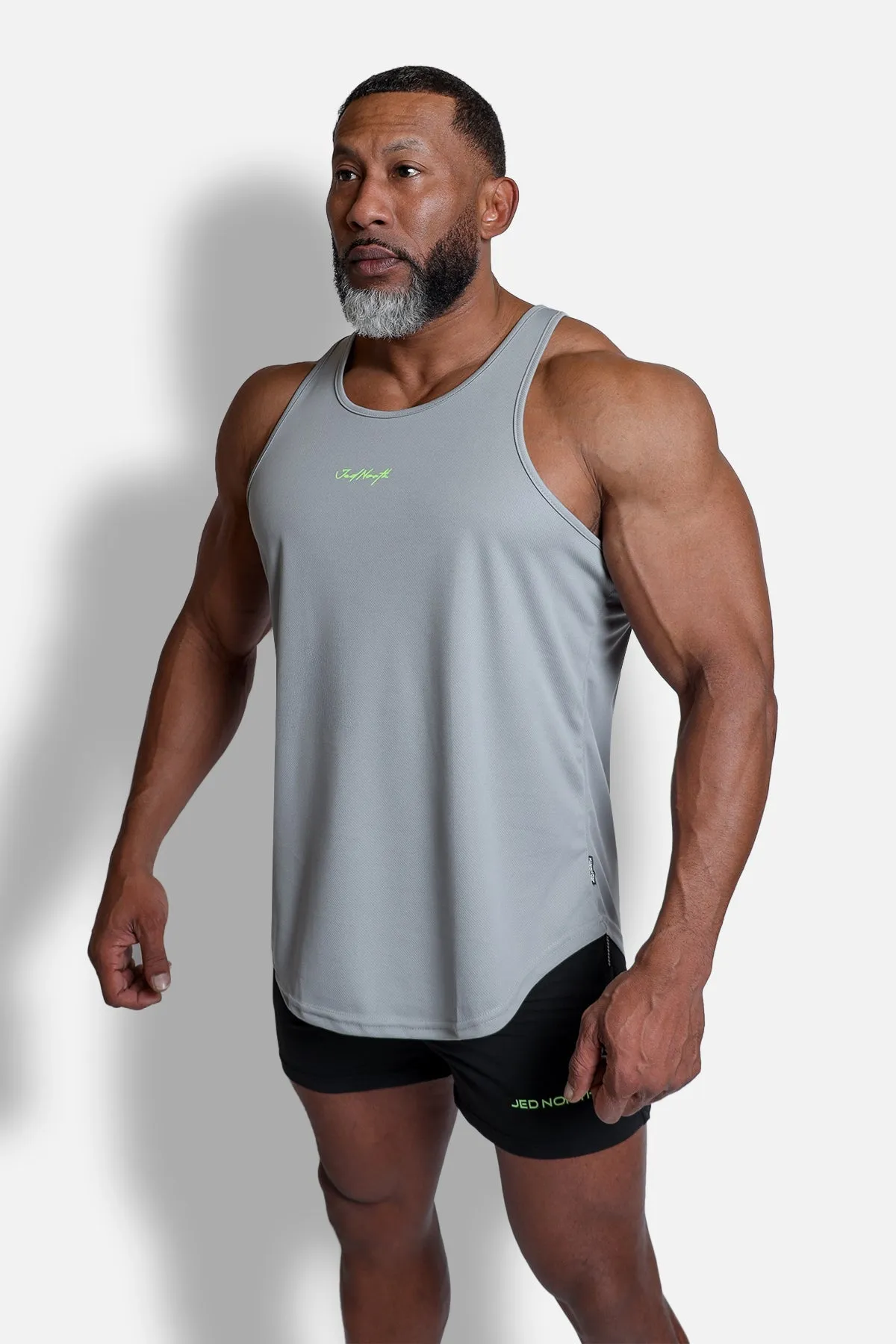 Fast-Dry Bodybuilding Workout Stringer - Light Gray w/ Neon Logo sold by Jed North product image thumbnail 4