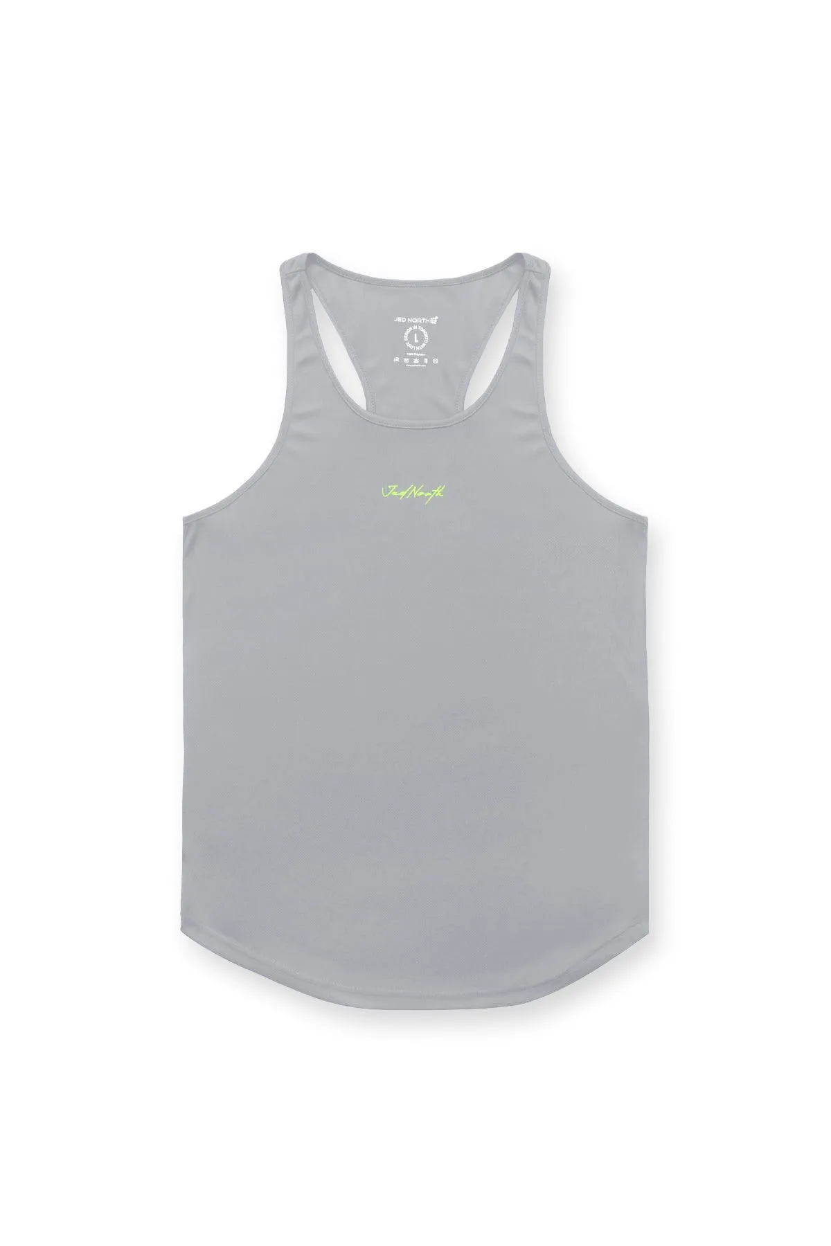Fast-Dry Bodybuilding Workout Stringer - Light Gray w/ Neon Logo sold by Jed North