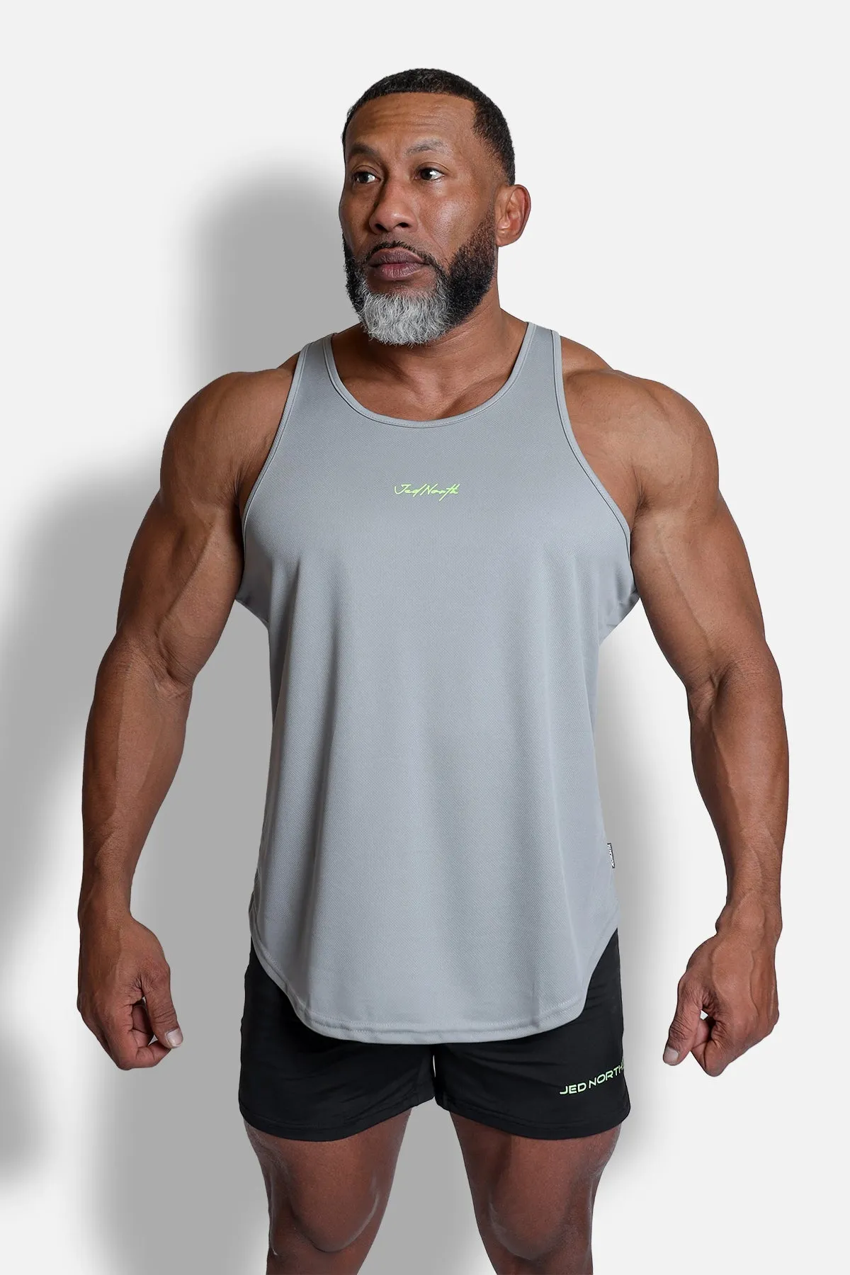 Fast-Dry Bodybuilding Workout Stringer - Light Gray w/ Neon Logo sold by Jed North product image thumbnail 2