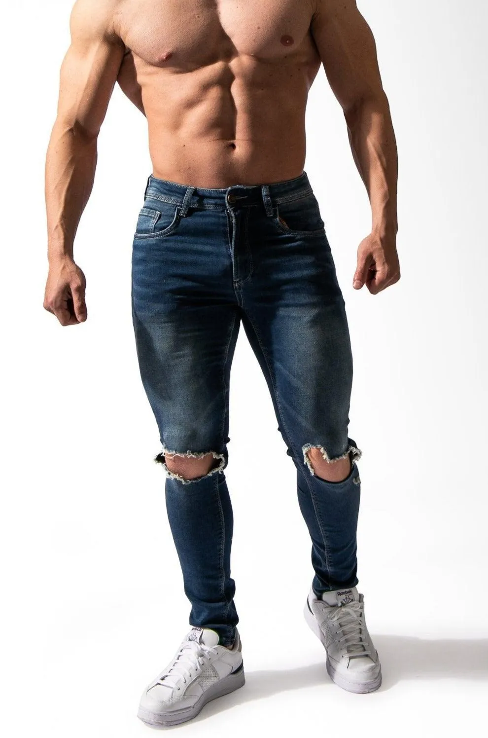 Men's Premium Fitted Stretchy Jeans - Knee Ripped Blue sold by Jed North product image thumbnail 2