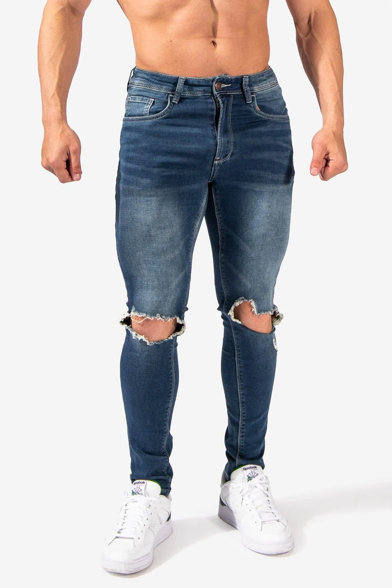 Men's Premium Fitted Stretchy Jeans - Knee Ripped Blue sold by Jed North