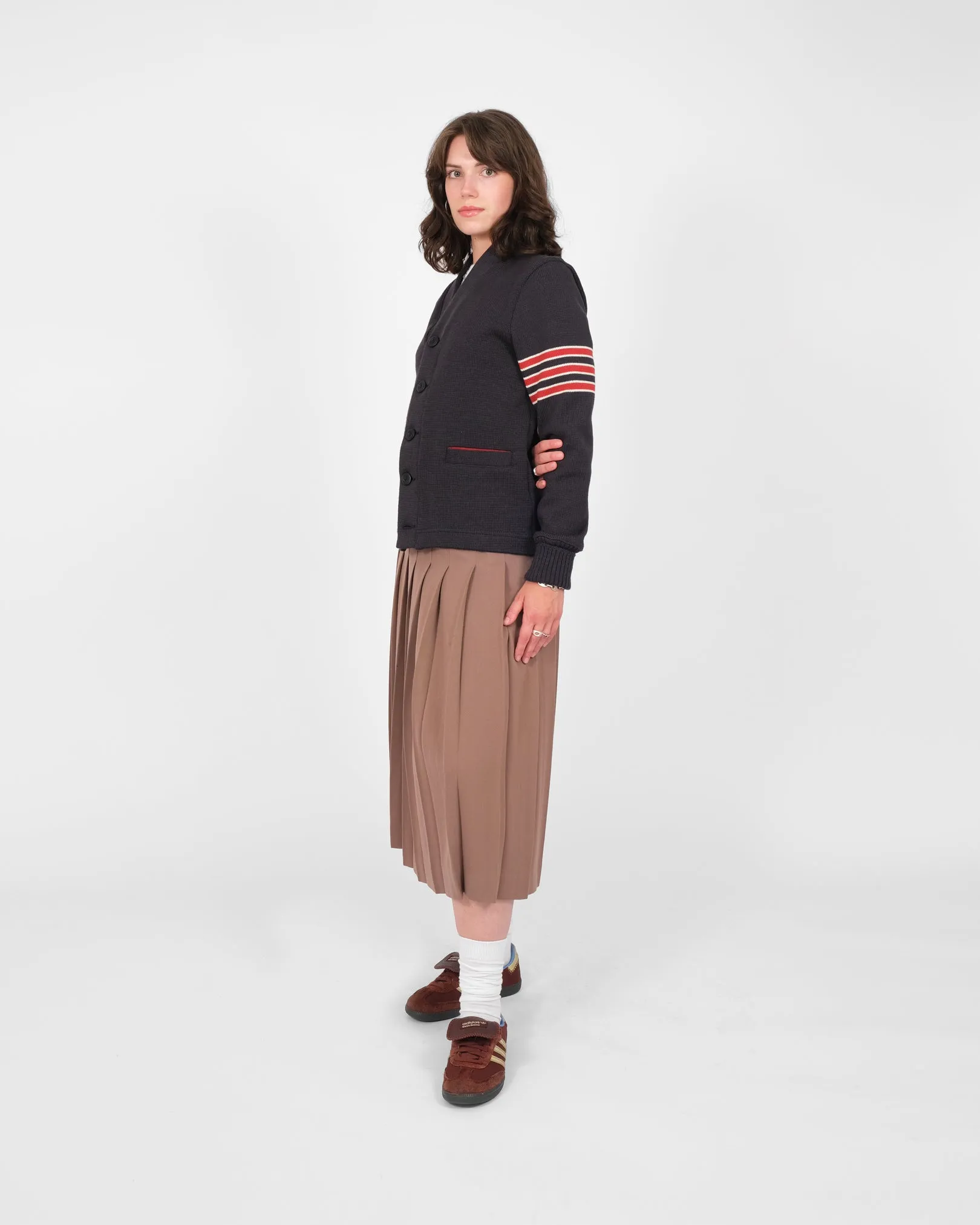 Women's Varsity Cardigan - Dark Charcoal / Forster Red & Off White sold by Dehen 1920 product image thumbnail 3