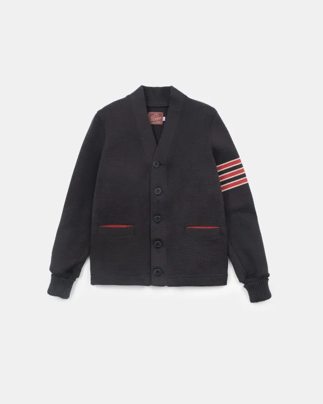 Women's Varsity Cardigan - Dark Charcoal / Forster Red & Off White sold by Dehen 1920