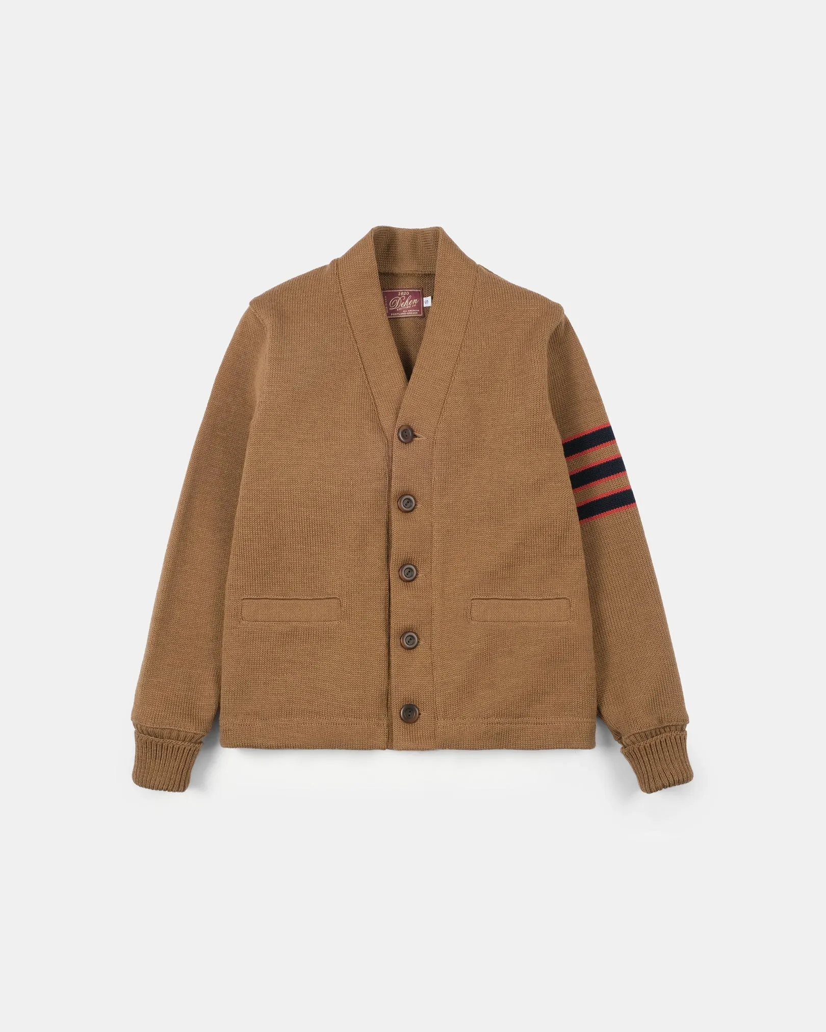 Women's Varsity Cardigan - Dark Tan / Dark Navy & Forster Red sold by Dehen 1920