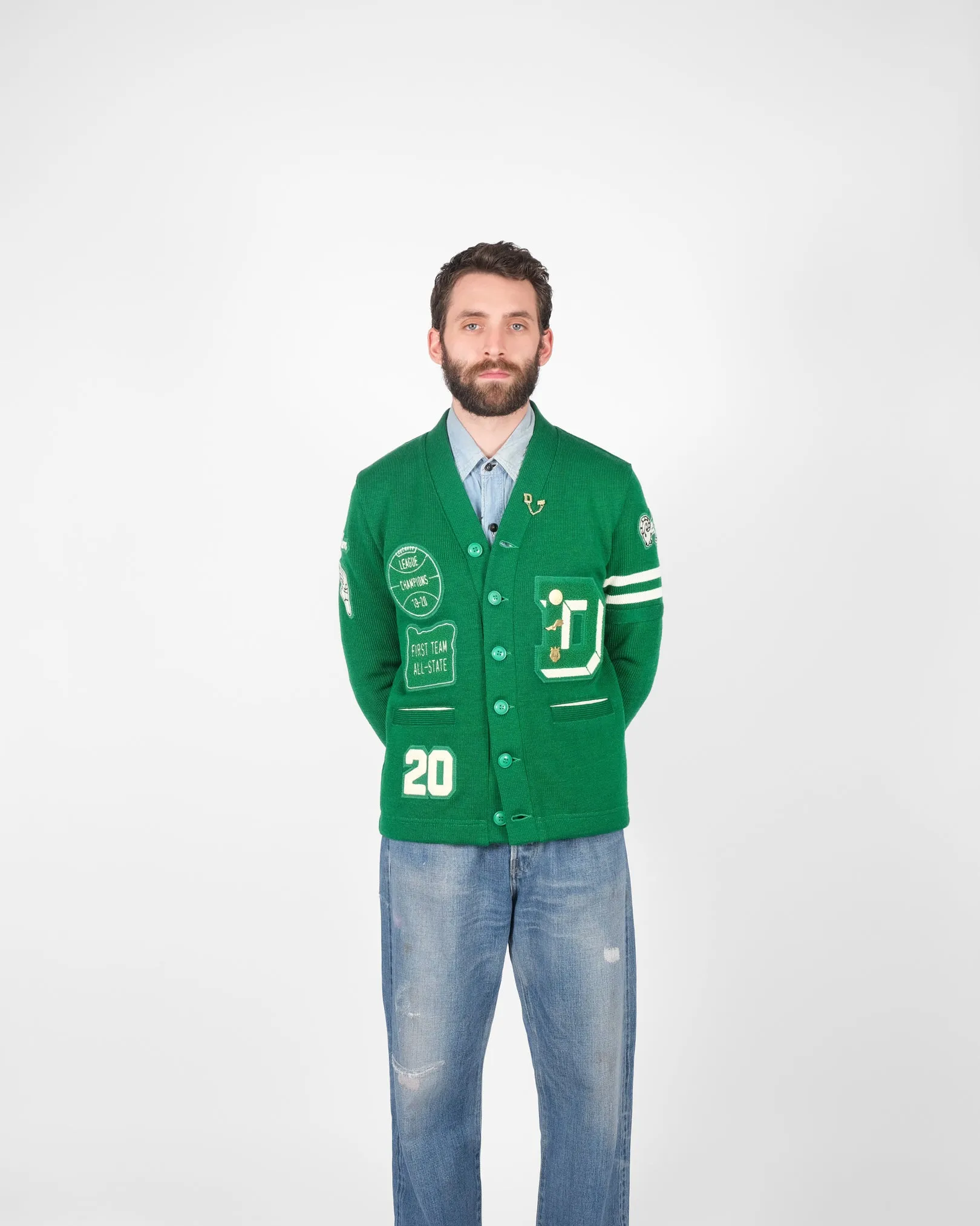 Varsity Cardigan - Kelly / Off White - Pre Order sold by Dehen 1920 product image thumbnail 3