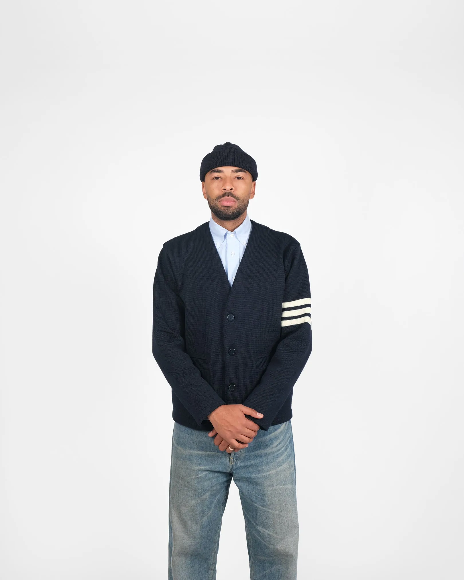 Slouchy Varsity Cardigan - Dark Navy / Off White sold by Dehen 1920 product image thumbnail 3
