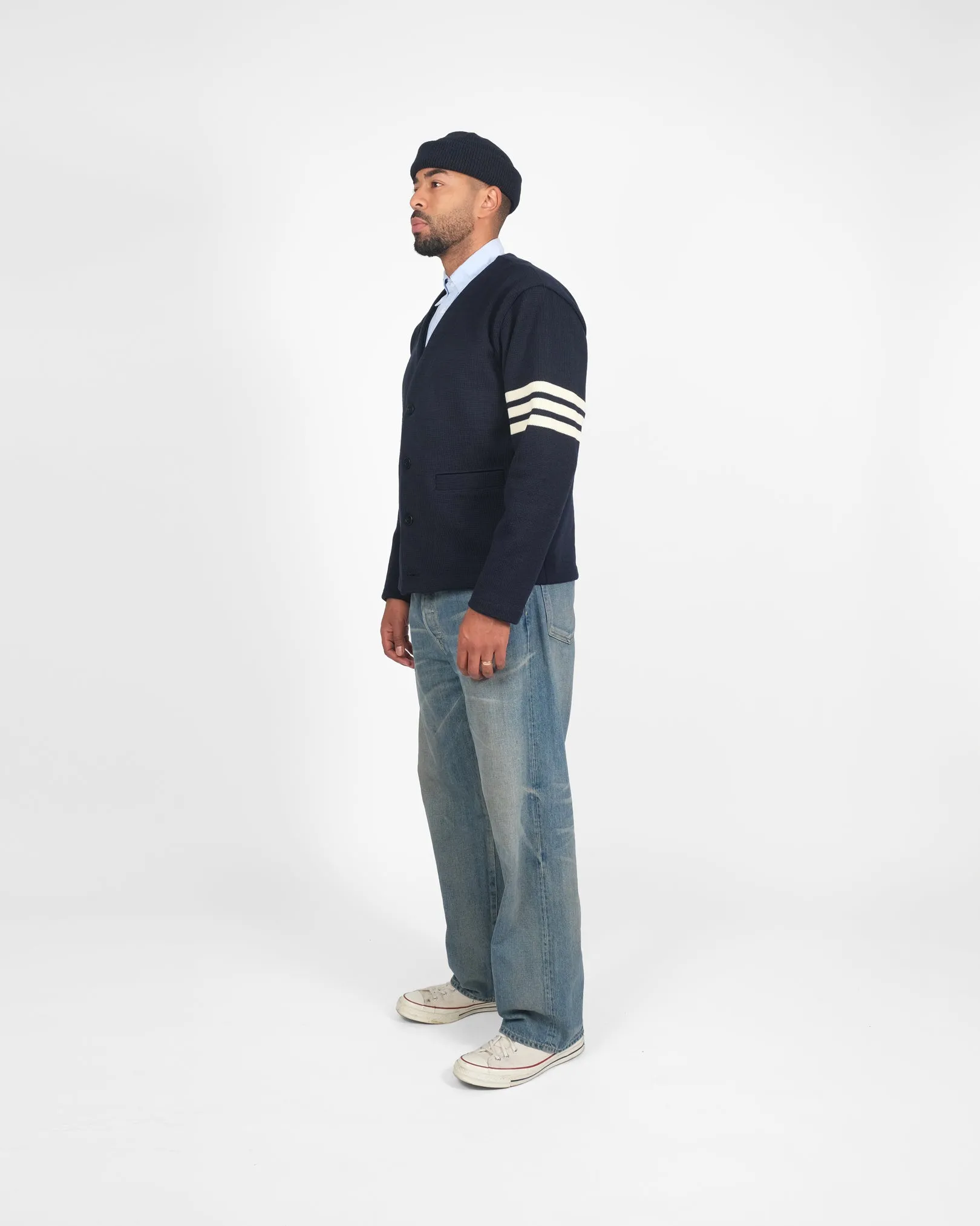 Slouchy Varsity Cardigan - Dark Navy / Off White sold by Dehen 1920 product image thumbnail 4