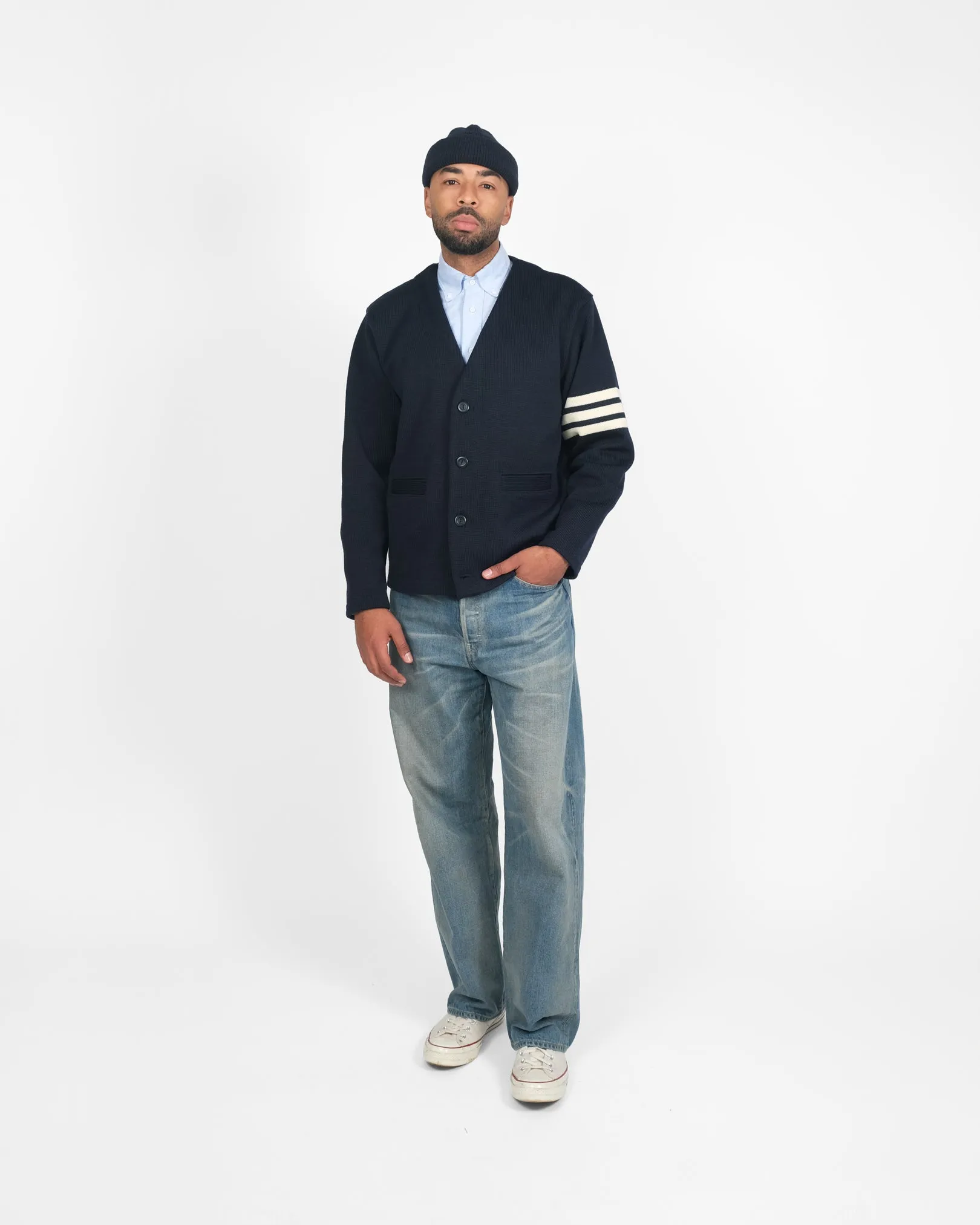 Slouchy Varsity Cardigan - Dark Navy / Off White sold by Dehen 1920 product image thumbnail 2
