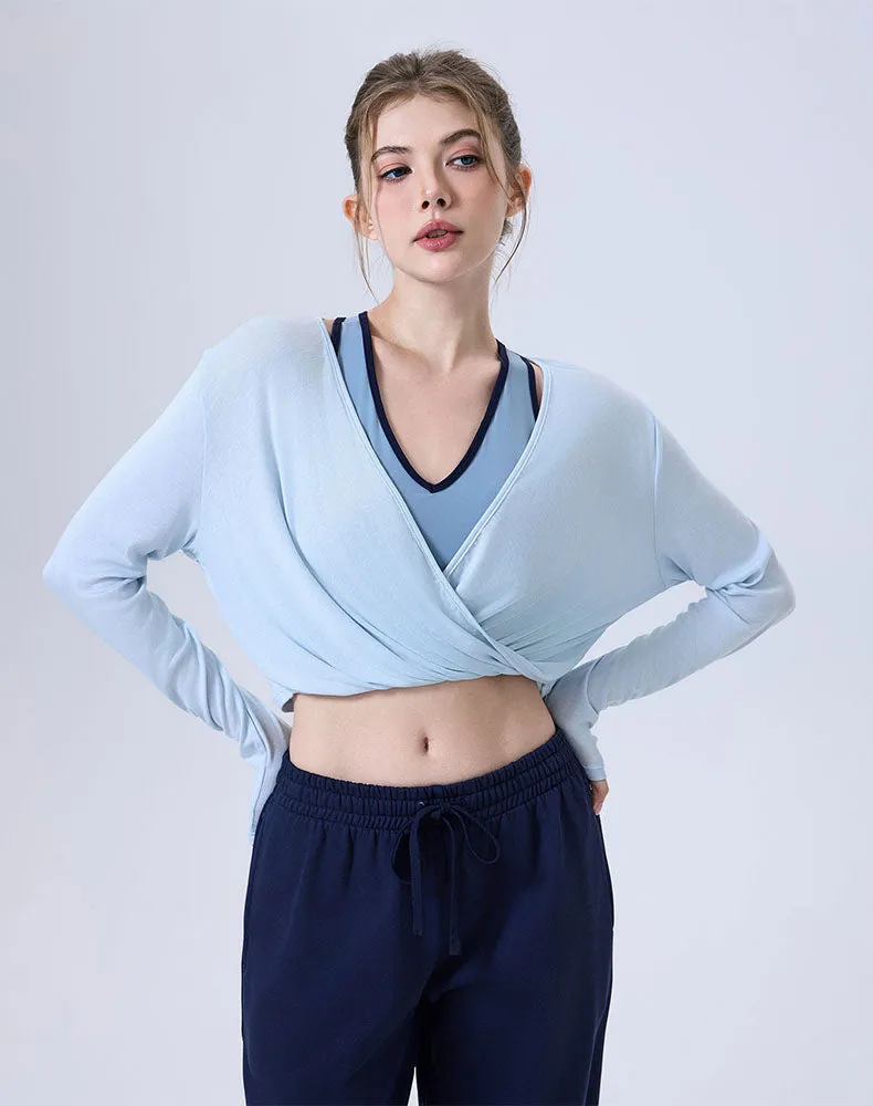 Long Sleeve Fake Two Piece Crop Top V Neck Yoga T-Shirt sold by CRAVE by Frederick Wilhelm product image thumbnail 3