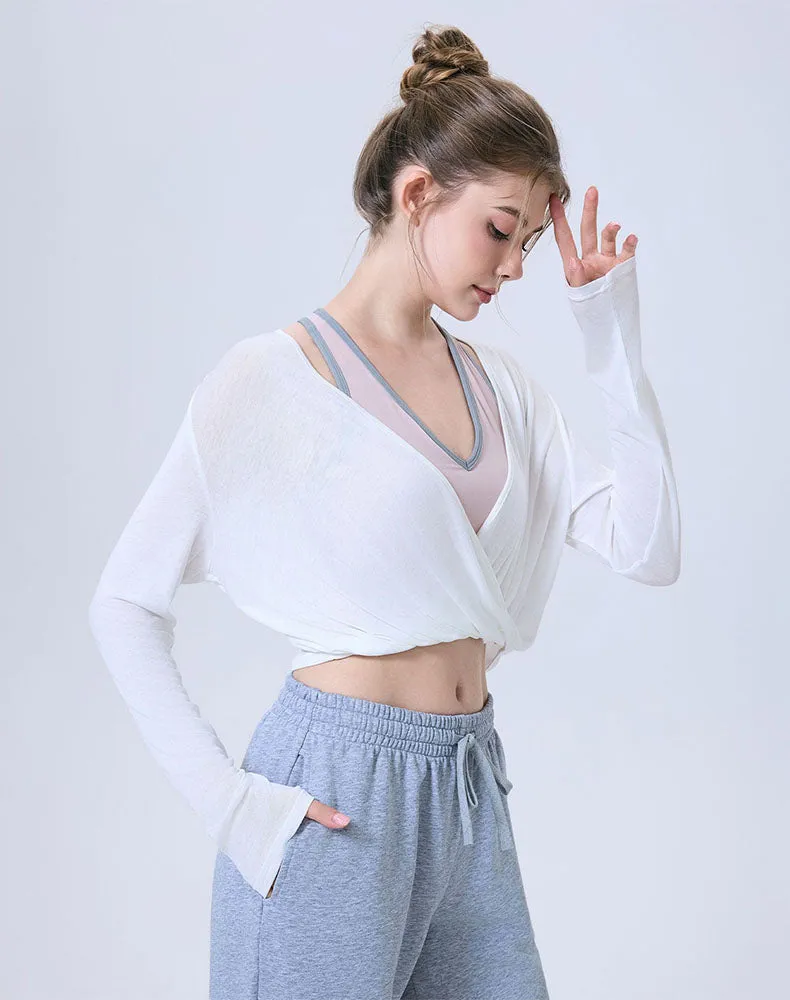 Long Sleeve Fake Two Piece Crop Top V Neck Yoga T-Shirt sold by CRAVE by Frederick Wilhelm product image thumbnail 5