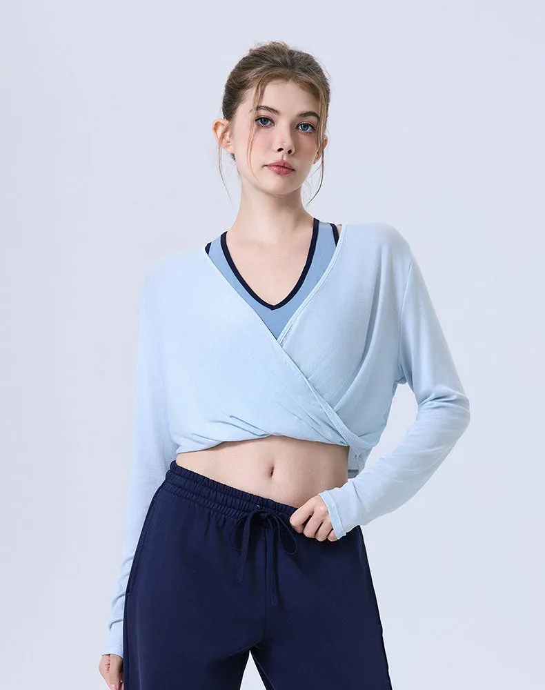 Long Sleeve Fake Two Piece Crop Top V Neck Yoga T-Shirt sold by CRAVE by Frederick Wilhelm