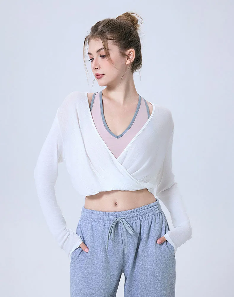 Long Sleeve Fake Two Piece Crop Top V Neck Yoga T-Shirt sold by CRAVE by Frederick Wilhelm product image thumbnail 4