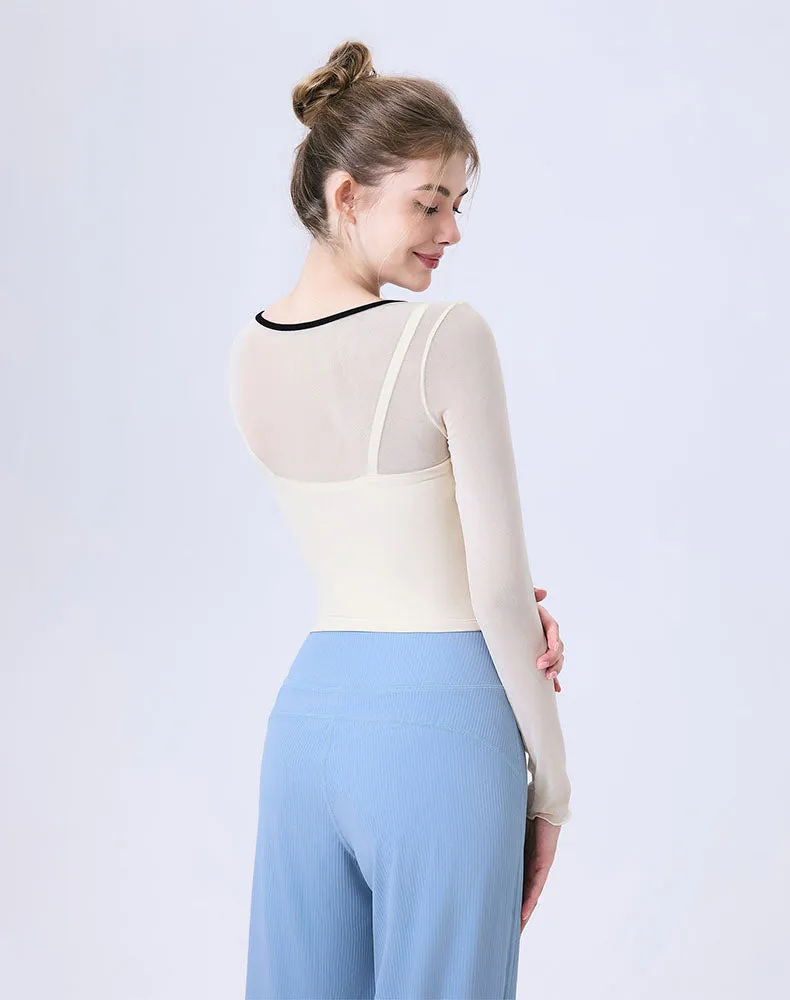 Faux Two Piece Long Sleeve Mesh Crop Top Tie Yoga T-Shirts sold by CRAVE by Frederick Wilhelm product image thumbnail 2